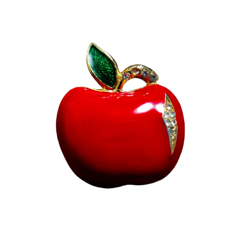 Vintage Jewelry Gold Tone Enamel Rhinestone Red Apple Brooch 1"